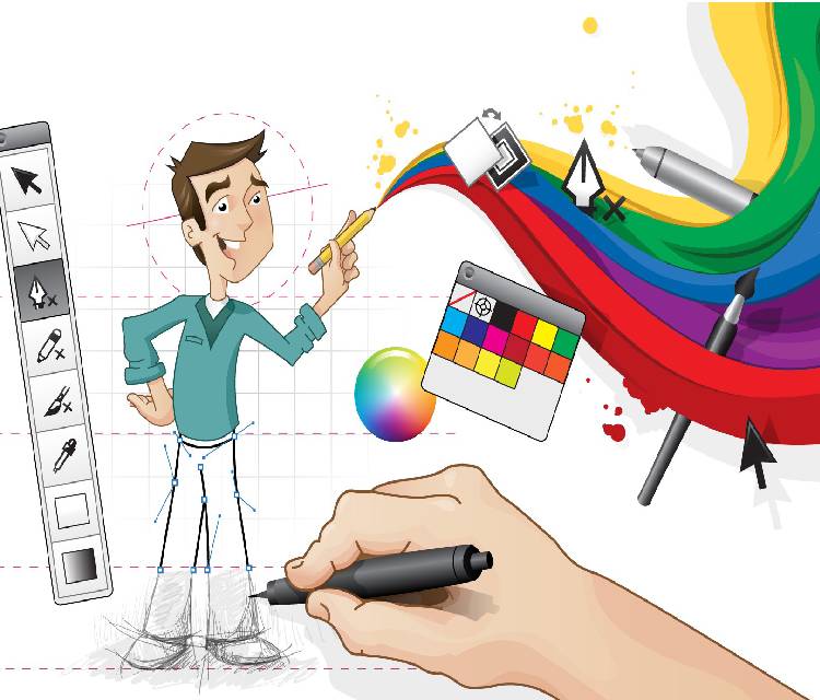 Image of An Illustration Drawing of A Person With Some Editing Options in the Left Side and Colorful Patterns on the Right Side