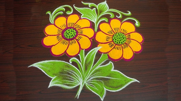 Beautiful Sunflower Rangoli On The Floor.