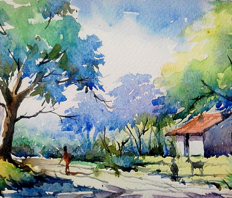 Water Color Painting Of A Village