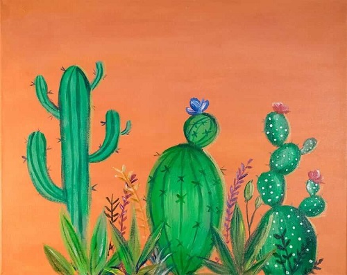 Green Cactus Drawing In A Brown Background.