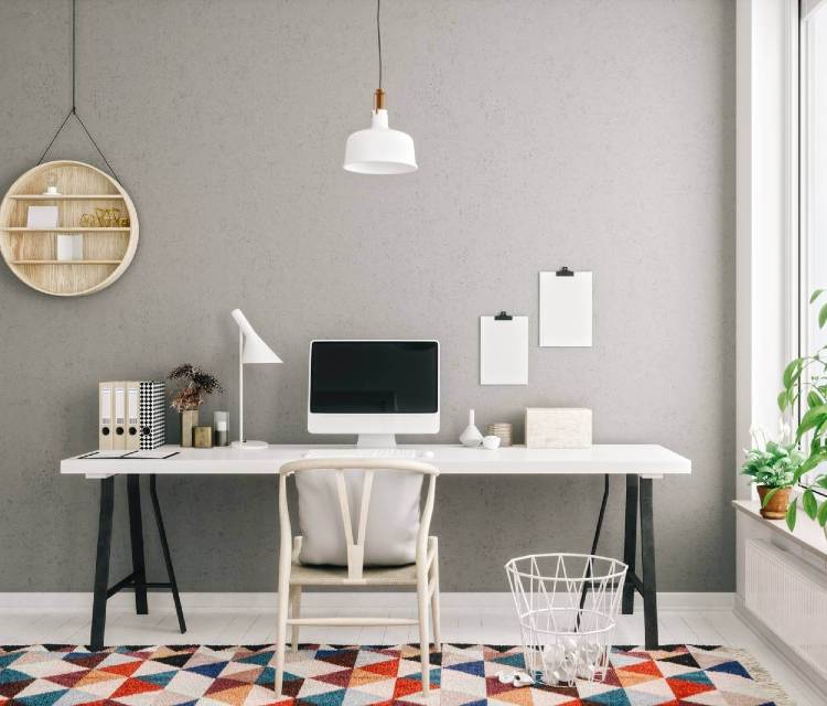 Interior Modern Living Room Workspace With Desk And Desktop Computer On Table.